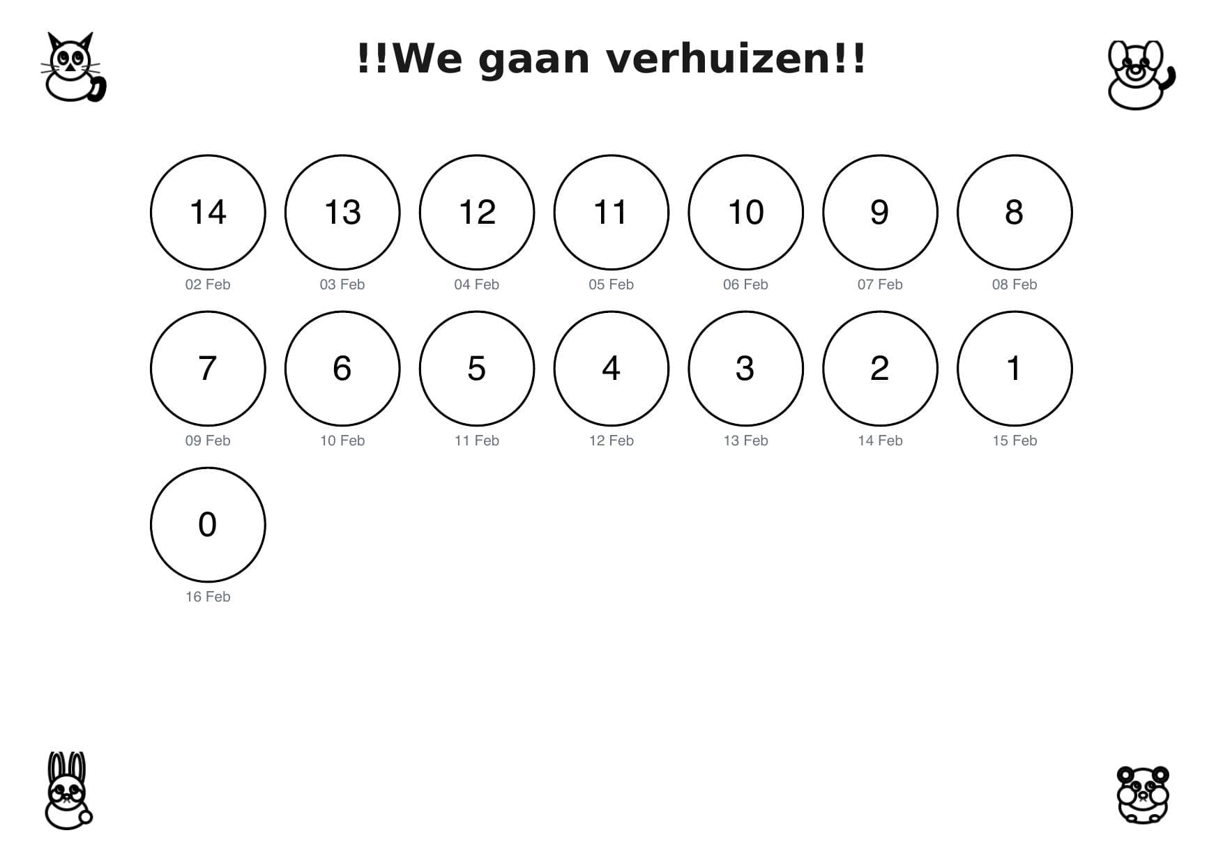 Aftelkalender verhuizen met cirkels en tekeningen