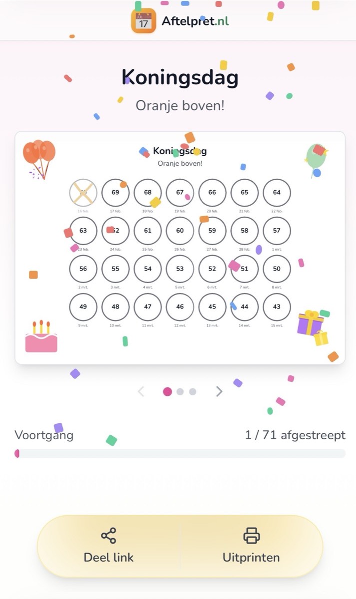 Persoonlijke kalenderpagina op een telefoon - Koningsdag aftelkalender met afgestreept vakje
