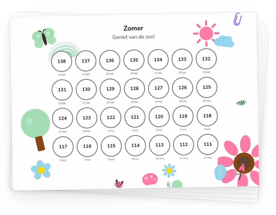 Aftelkalender met het Natuur-thema — vlinders, bloemen en bomen rondom de afstreepvakjes